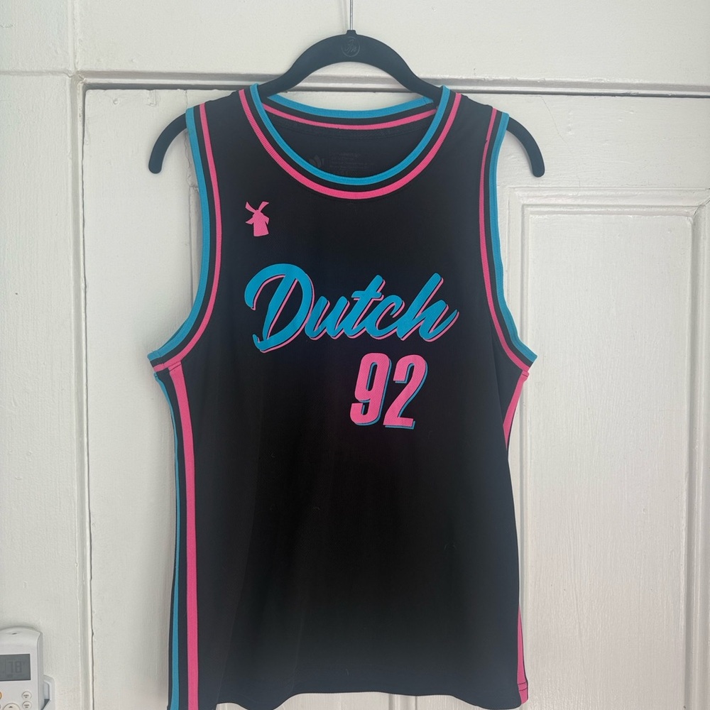 Dutch Bros Black Jersey with Teal and Pink Trim